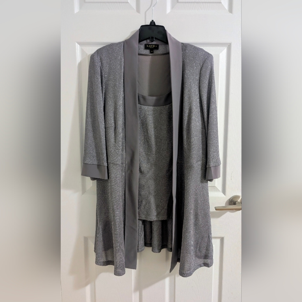 Laura Plus Silver Metallic Knit Mock 2 in 1 Cardigan Tank Set Lavender Grey 14